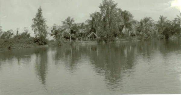 Nickerie rivier, hutten op palen.